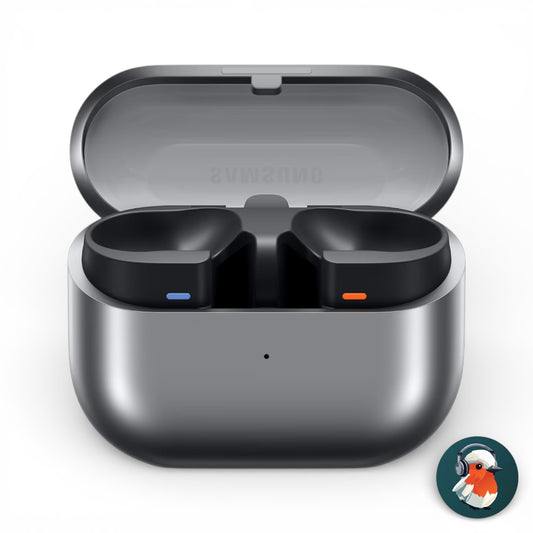 Samsung Galaxy Buds3 Pro charging case in silver, open showing empty earbud slots
