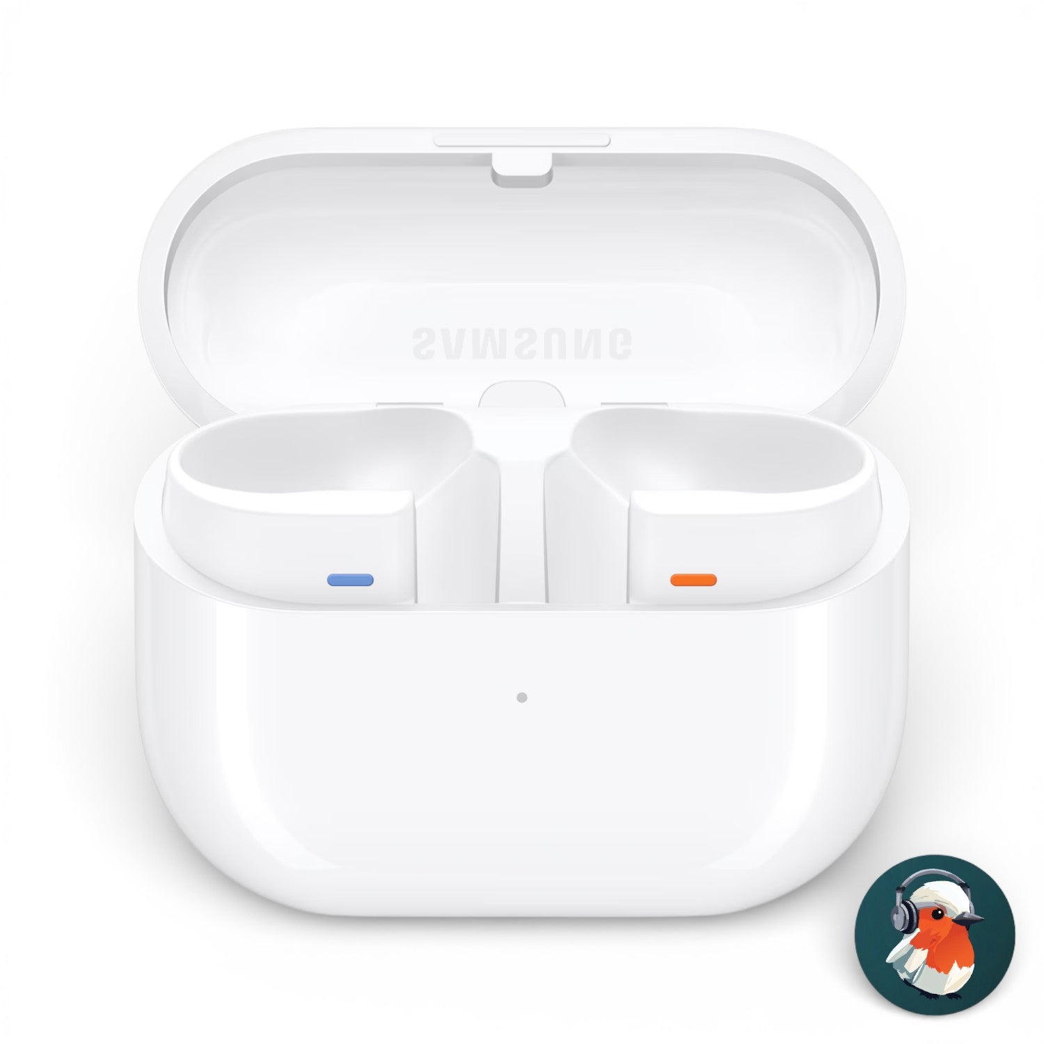 Samsung Galaxy Buds3 Pro charging case in white, open showing empty earbud slots