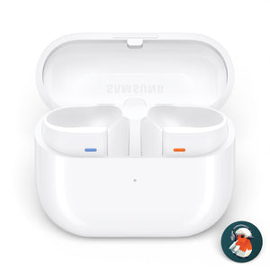 Samsung Galaxy Buds3 Pro charging case in white, open showing empty earbud slots