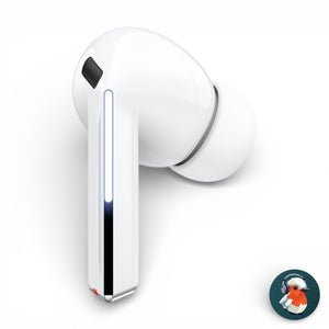 Right replacement Galaxy Buds3 Pro earbud in white, side view showing the charging contacts and LED strip