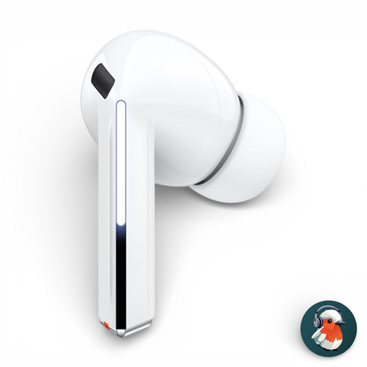 Right replacement Galaxy Buds3 Pro earbud in white, side view showing the charging contacts and LED strip