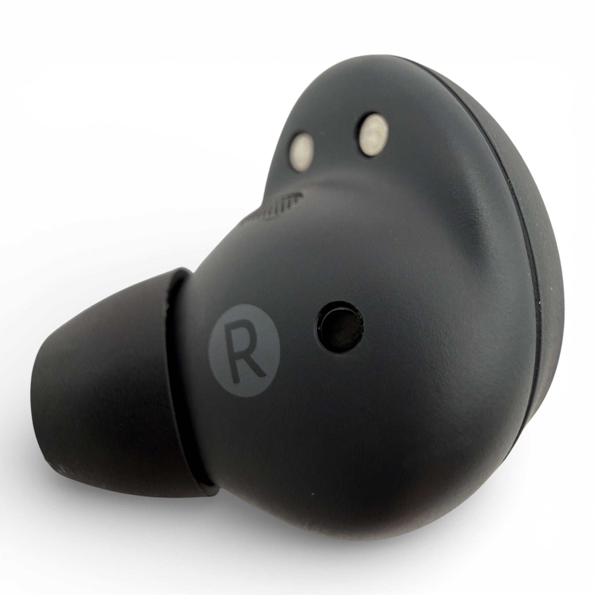 Right replacement Samsung Galaxy Buds2 Pro earbud in black, side view showing the R marking and charging contacts
