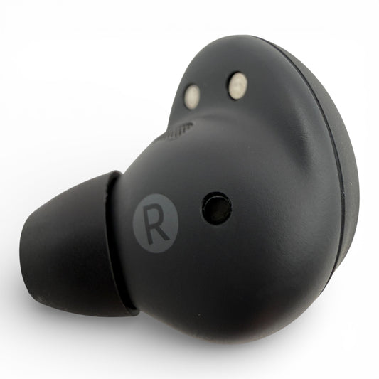 Right replacement Samsung Galaxy Buds2 Pro earbud in black, side view showing the R marking and charging contacts