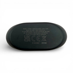 Sony WF-1000XM5 charging case in black, underside with model and regulatory markings