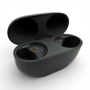 Sony WF-1000XM5 charging case in black, open showing empty earbud slots and charging pins