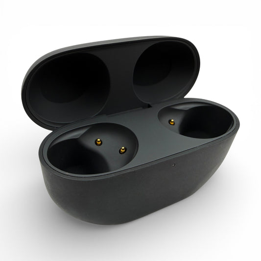 Sony WF-1000XM5 charging case in black, open showing empty earbud slots and charging pins