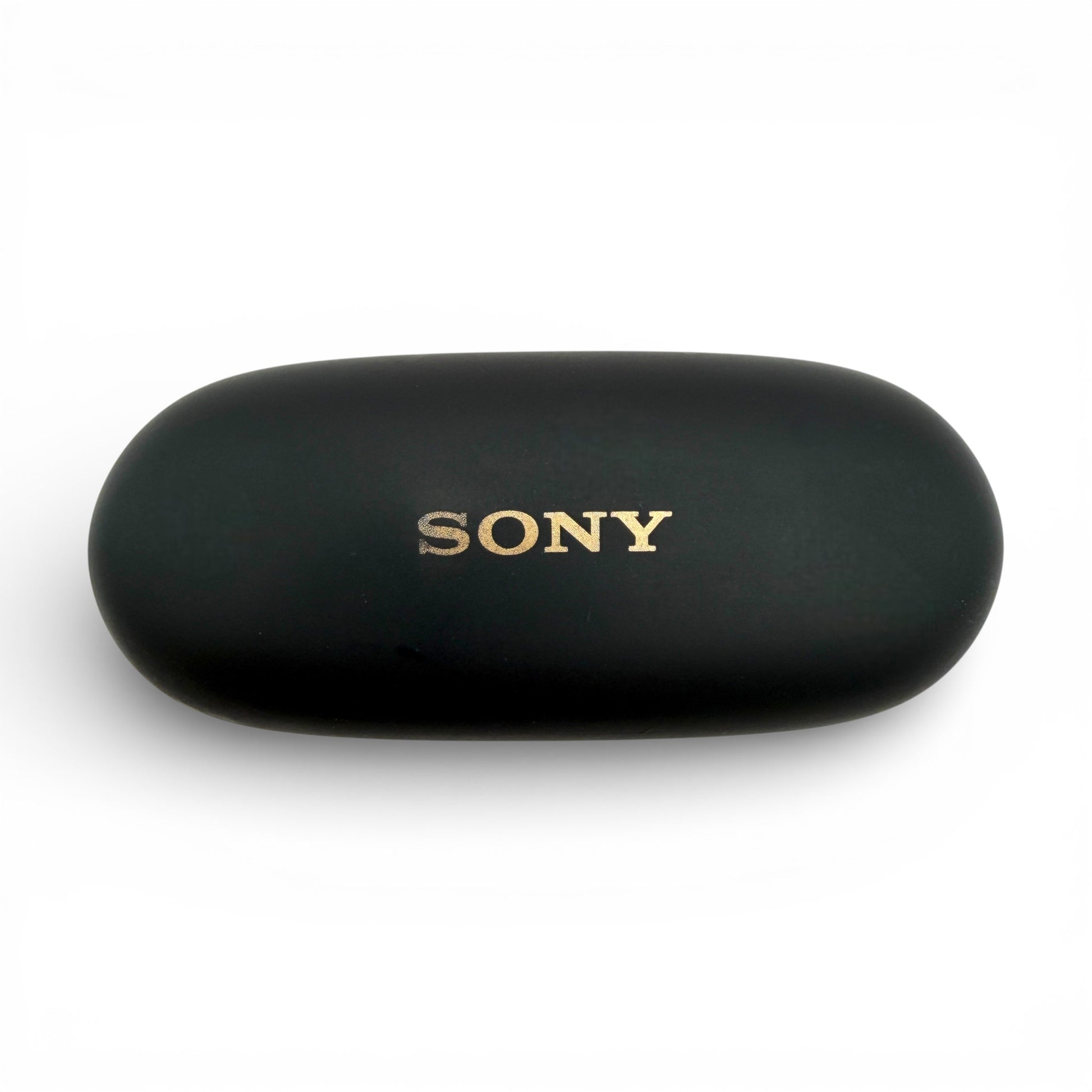 Sony WF-1000XM5 charging case in black, top view with the Sony logo