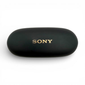 Sony WF-1000XM5 charging case in black, top view with the Sony logo