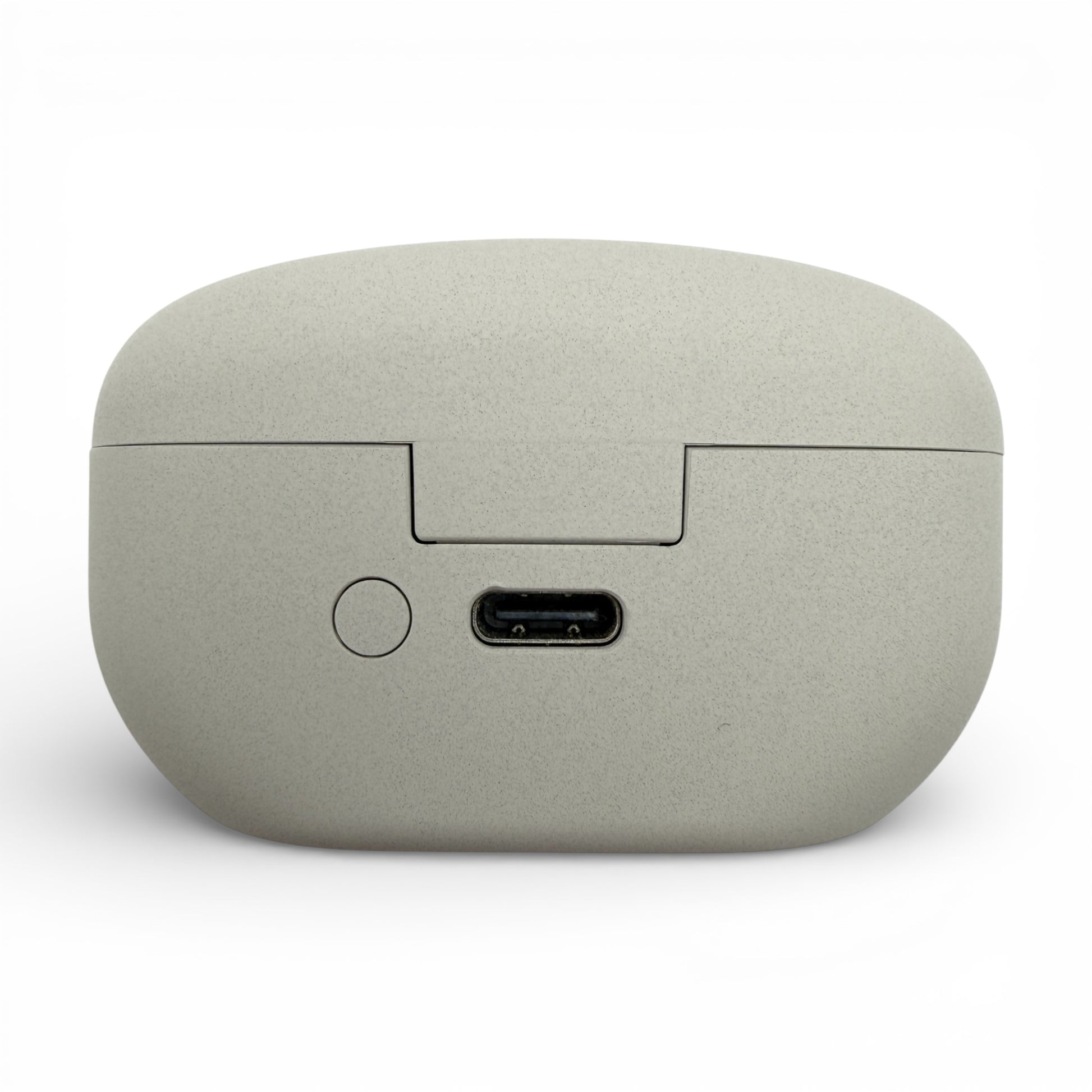 Sony WF-1000XM5 charging case in white, back view showing the USB-C charging port