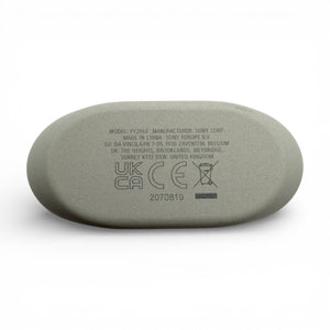Sony WF-1000XM5 charging case in white, underside with model and regulatory markings