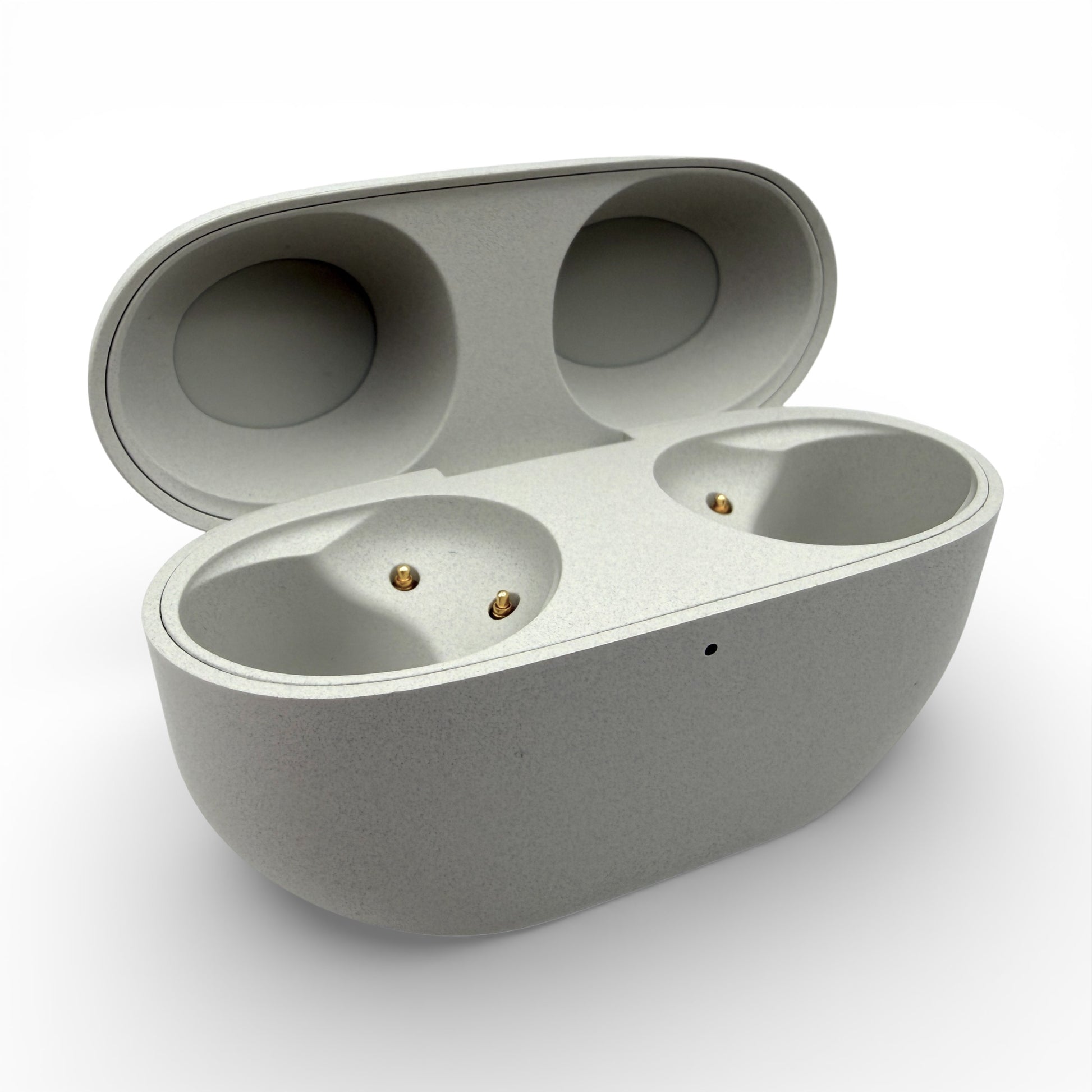 Sony WF-1000XM5 charging case in white, open showing empty earbud slots and charging pins