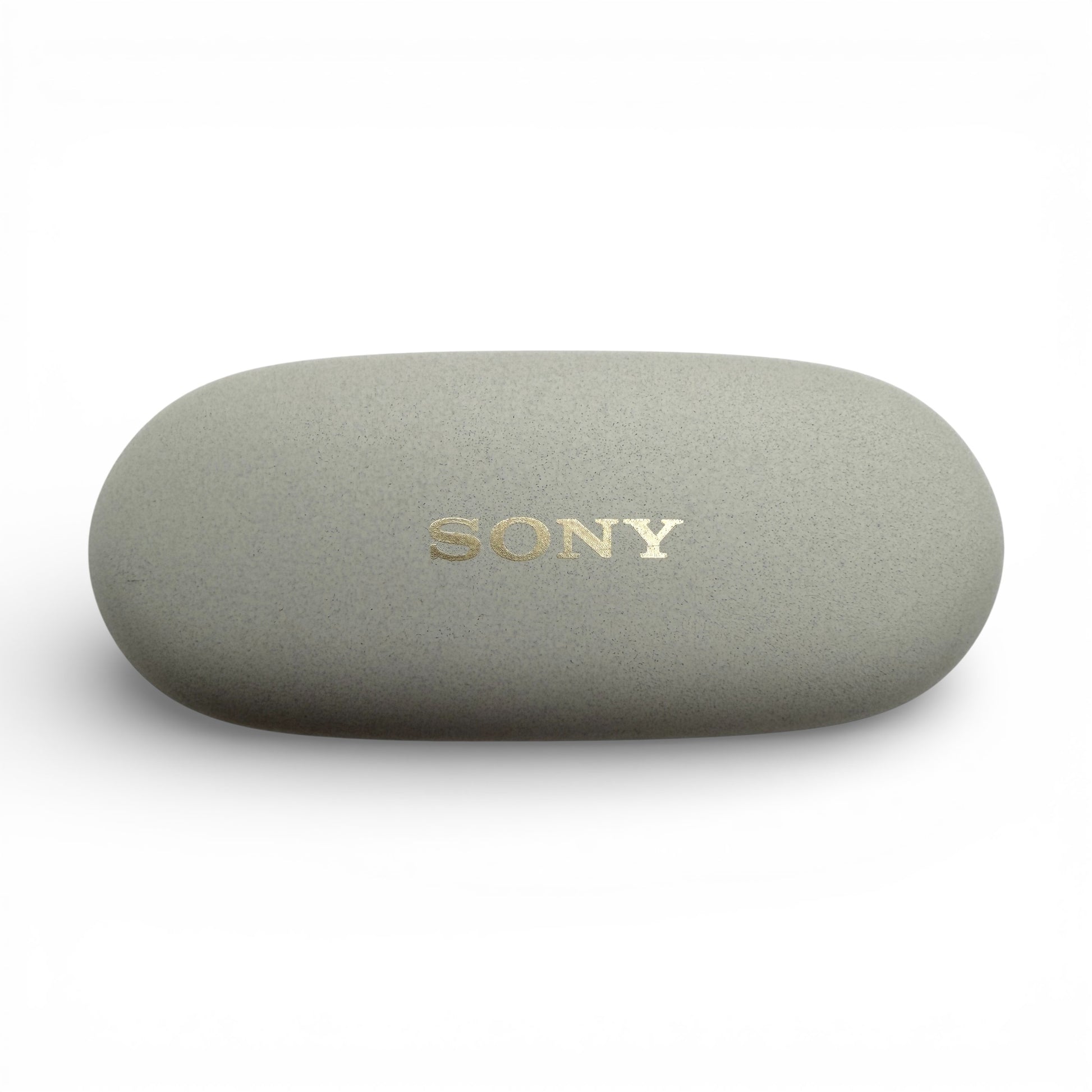 Sony WF-1000XM5 charging case in white, top view with the Sony logo