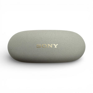 Sony WF-1000XM5 charging case in white, top view with the Sony logo