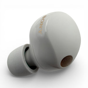 Left replacement Sony WF-1000XM5 earbud in white, front view showing the Sony logo and ear tip attached