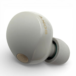 Right replacement Sony WF-1000XM5 earbud in white, front view showing the Sony logo and ear tip