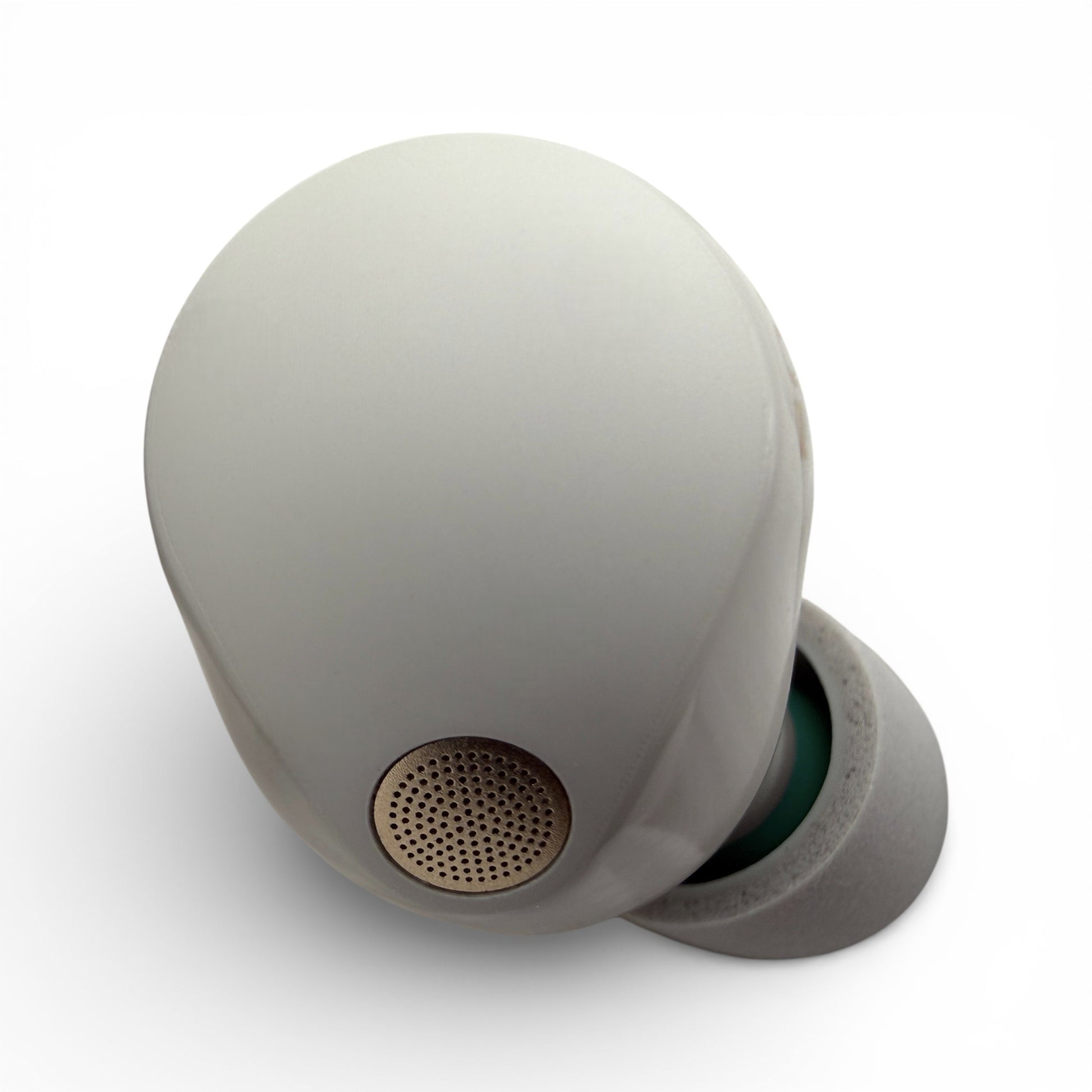 Right replacement Sony WF-1000XM5 earbud in white, top view showing the speaker mesh and ear tip