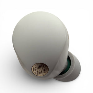 Right replacement Sony WF-1000XM5 earbud in white, top view showing the speaker mesh and ear tip